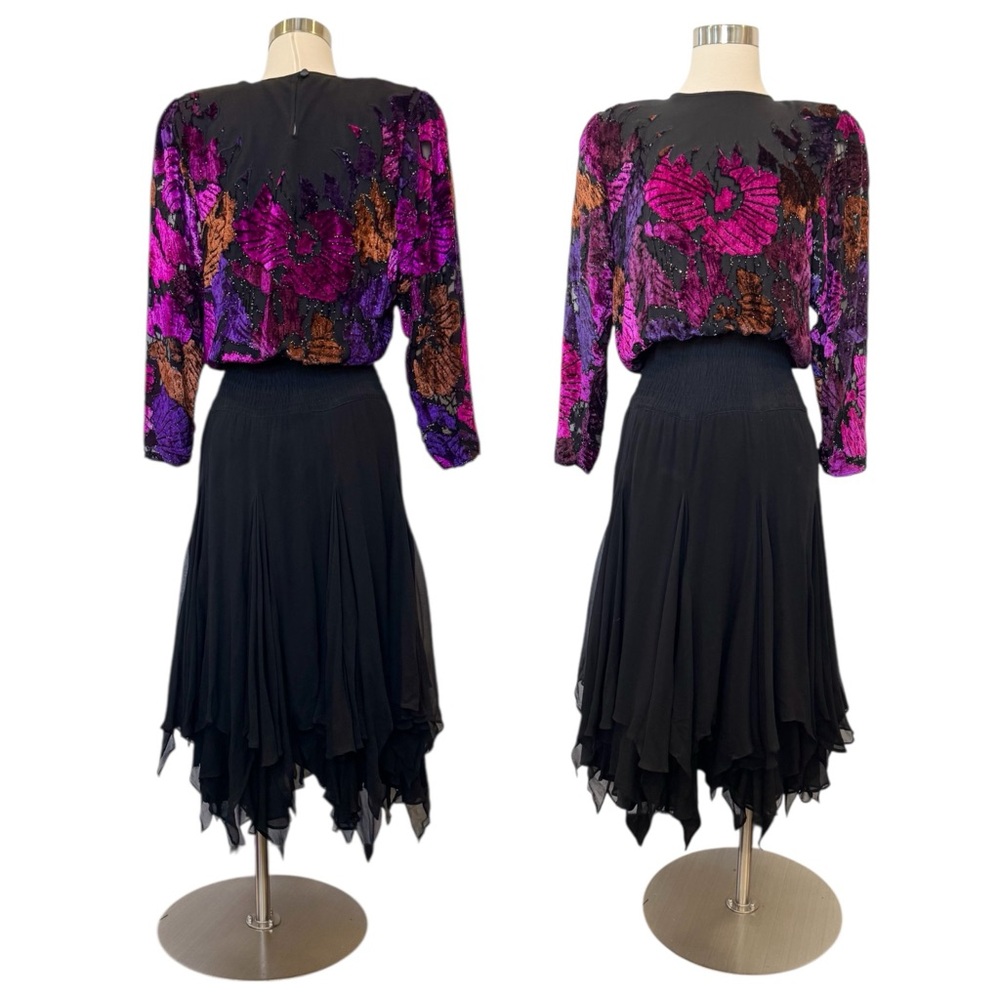 Vintage Diane Freis Limited Edition Silky Chiffon Velvet Burnout Ruffle Dress 🔥 - Picture 5 of 11